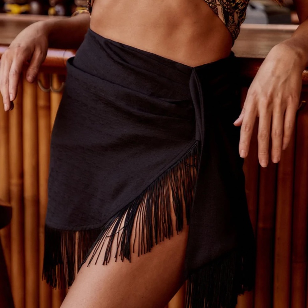 12th Tribe Rosalina Black Fringe Tie Skirt, M, NWT